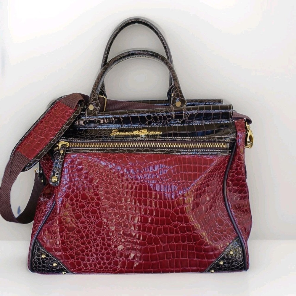 Samantha Brown Croco Embossed Travel Tote Bag Burgundy Black Shoe‎ Compartment